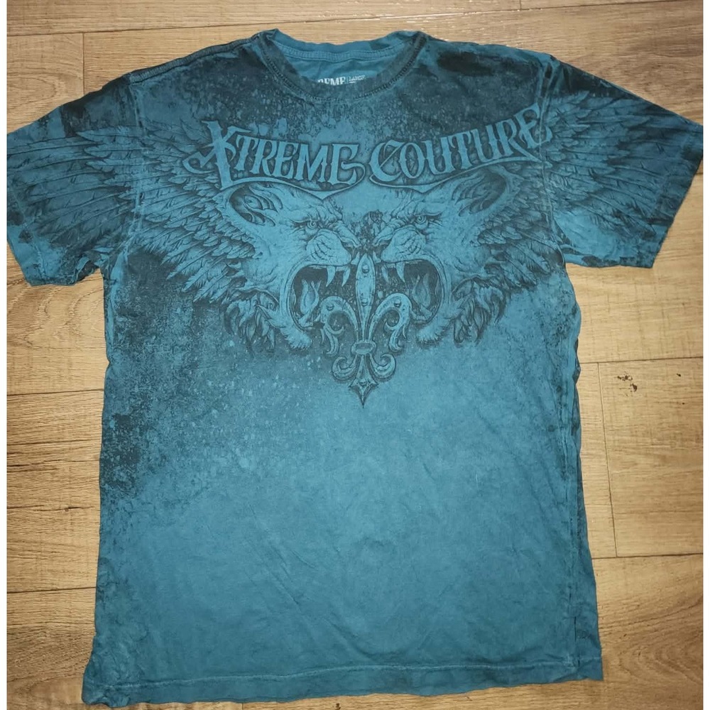 Xtreme Couture Affliction Mens Large Teal Blue Graphic T-Shirt MMA Wings Lions